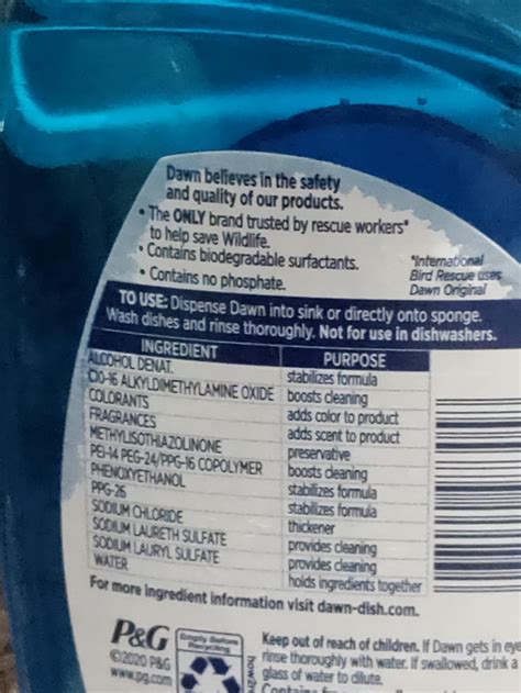 Dawn show the ingredients and what they're for : mildlyinteresting