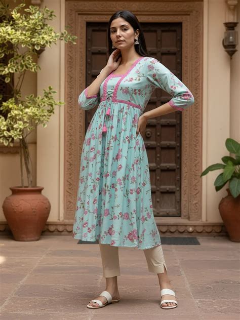 Poly Viscose Embroidered Flared Calf Length Kurta - Rangita