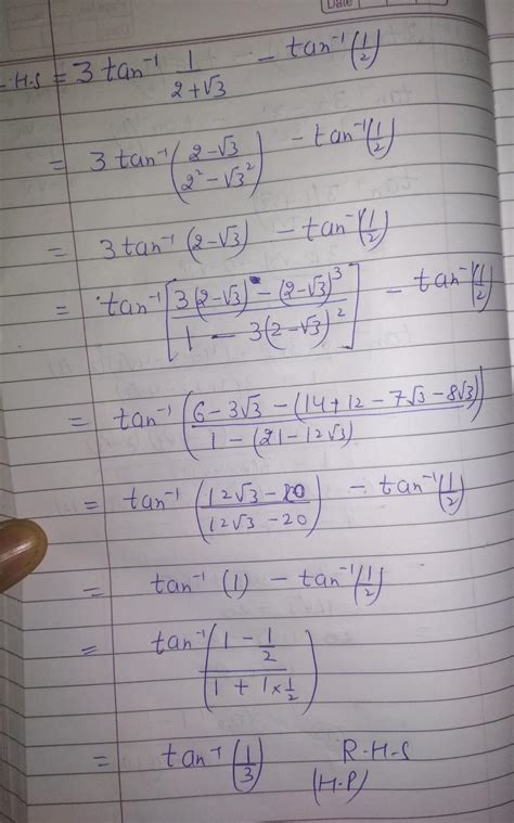 3 tan inverse 1 by 2 + root 3 minus tan inverse half equals to tan ...