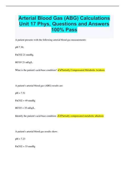 Arterial Blood Gas (ABG) Calculations Unit 17 Phys, Questions and ...
