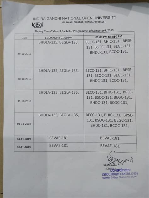 IGNOU-RC-Bhagalpur - Student Corner - Counselling Schedule