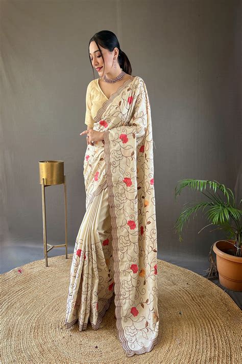 Buy Bone Cream Embroidery Tussar Silk Saree Online - MySilkLove