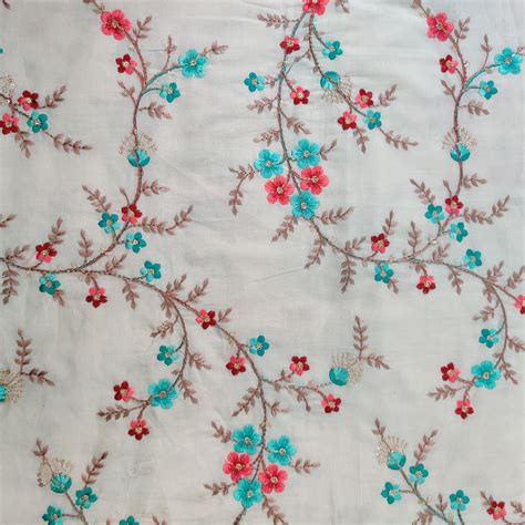 Precut 2.10 Meter Pure Cotton Cream With Red And Teal Blue Shades Jaal ...
