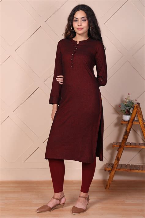 Buy Maroon Solid Button Straight Cotton Kurta Online for Woman | Shop ...