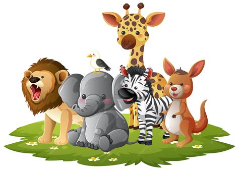 Group of cartoon safari animals on grass patch | Premium Vector