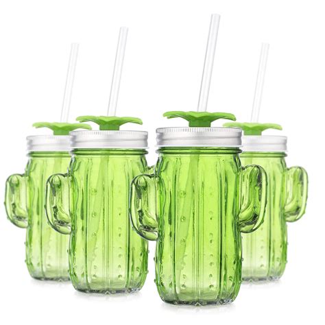 Buy Set of 4 Set of 4 Green Cactus Shape Glass Sipper with Metal Lids ...