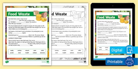 Fourth Grade Food Waste Cloze Reading Worksheet
