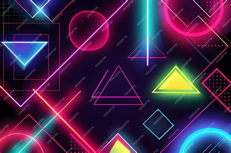 Vibrant retro geometric shapes with neon colors on black background ...