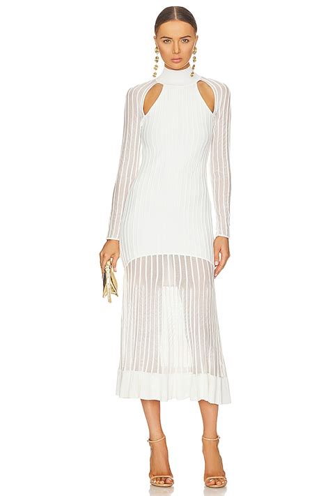 Herve Leger Sheer Fluted Stripe Midi Dress in Alabaster | REVOLVE