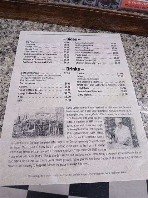 Menu at Sam's Corner restaurant, Murrells Inlet, 101 Atlantic Ave