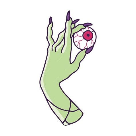 Handgezeichnete Hexenhand hält ein Auge Süßer Horror Mystische grüne ...