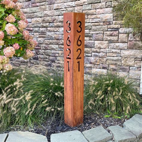 Rusted Metal House Number Column: Modern Address Sign With Solar Light ...