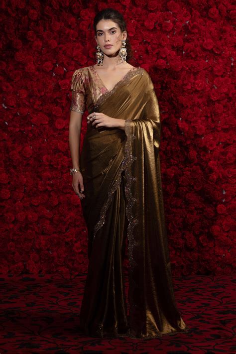 Crushed Satin Silk Embellished Saree in Gold with Sparkling Stone Work