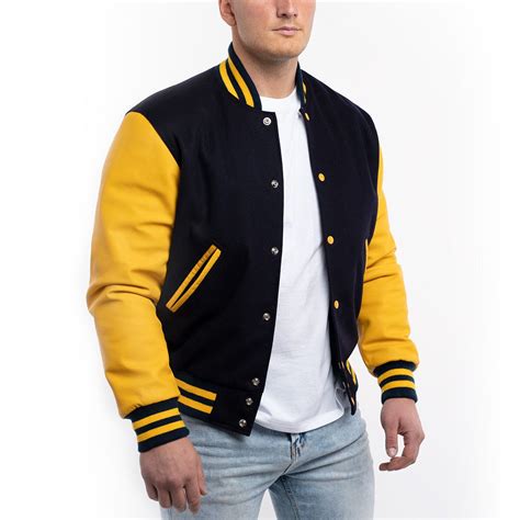 Varsity Base Men Jacket Navy Blue Wool Body Lemon Leather Sleeves ...