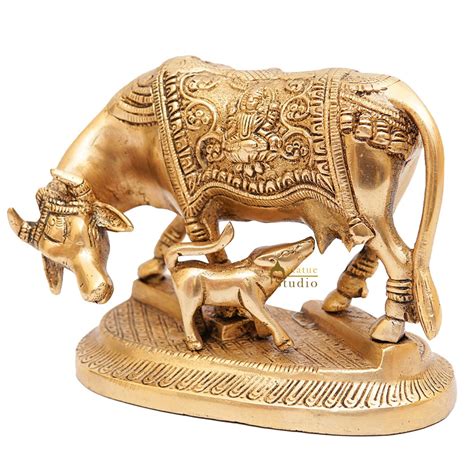 Brass Cow With Calf Idol Lakshmi Ji Engraved Home Pooja Room Dacor ...