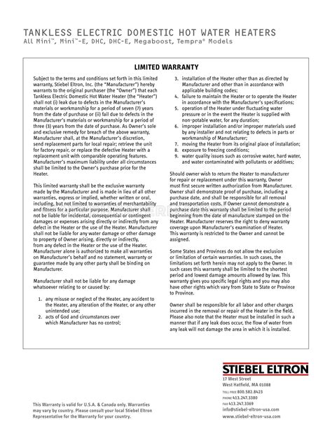Stiebel Eltron Mini-E 2-1 Water Heater Warranty | Water Heater Manuals