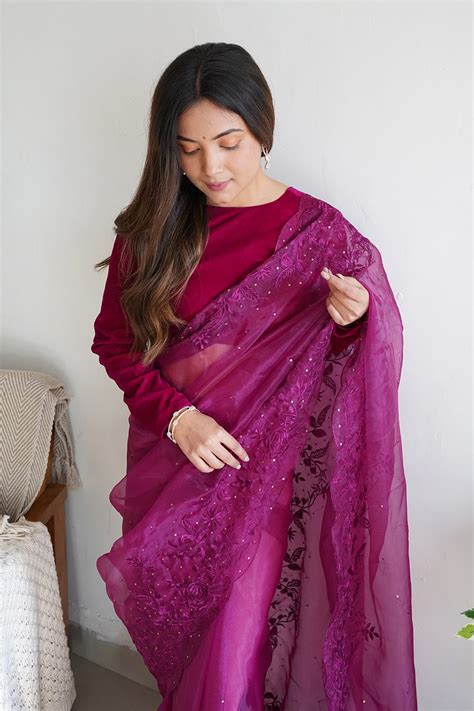 Buy Wine Organza Saree With Blouse Piece online-Karagiri