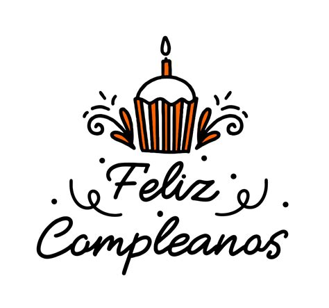 Happy birthday in Spain. Lettering in Spanish with cake and curlicues. Vector illustration ...