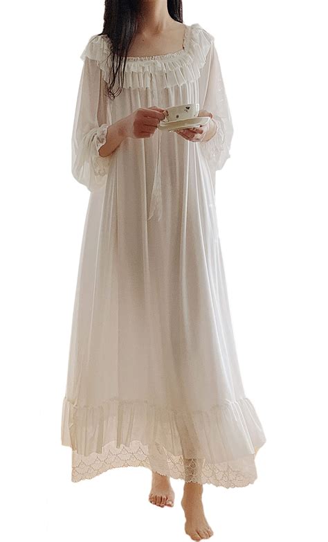 Airvid Women's Lace Vintage Victorian Nightgown Long Sleeve Sleepwear ...