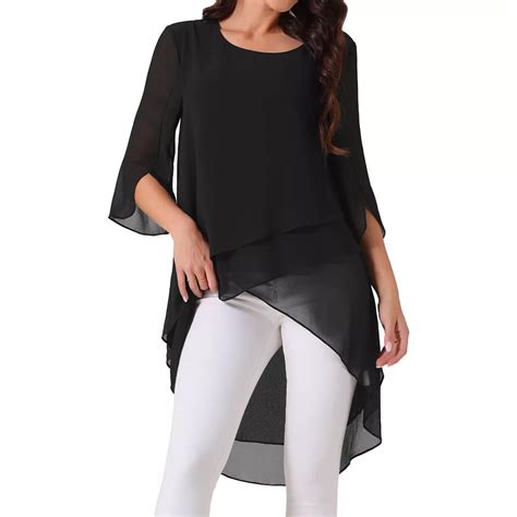 Women's High Low Tops Scoop Neck Chiffon Blouse Asymmetrical Loose ...