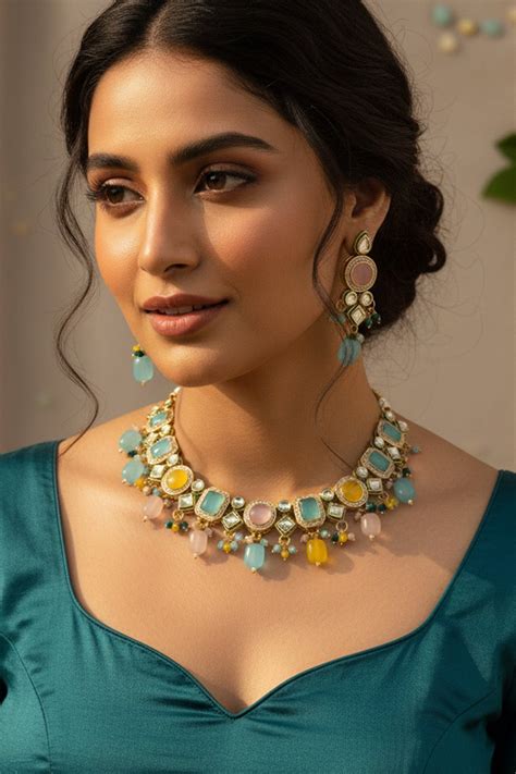 Buy Pink Yellow Drop Jewellery Set online available at scrollnshops