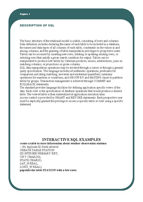 NEP DBMS lab manual - DESCRIPTION OF SQL The basic structure of the ...