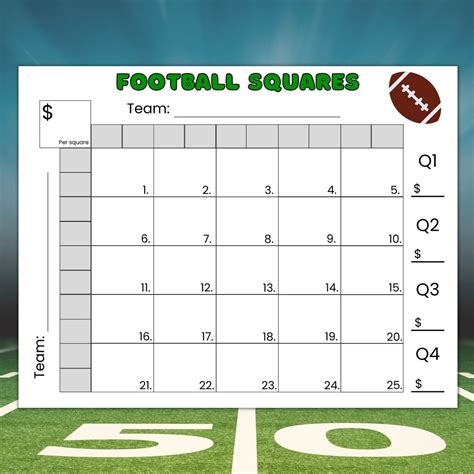 25 Squares Football Squares Game Printable, Football Fundraiser ...