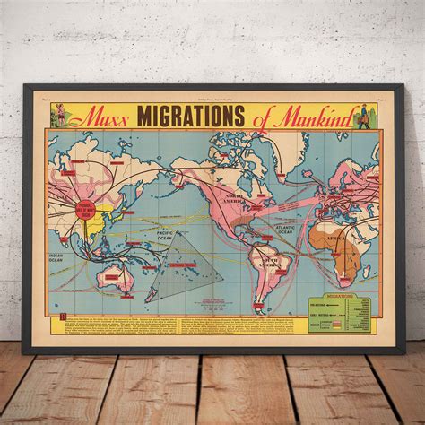 Old Map of Mass Migrations of Mankind, 1944 by Edwin Sundberg - Out of – The Unique Maps Co.