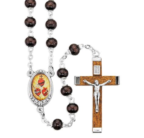 Three Sacred Hearts 6mm Maroon Wood Bead Rosary