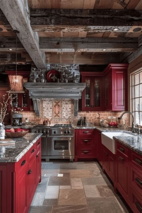 Image result for Primitive Red Color Kitchen Cabinets