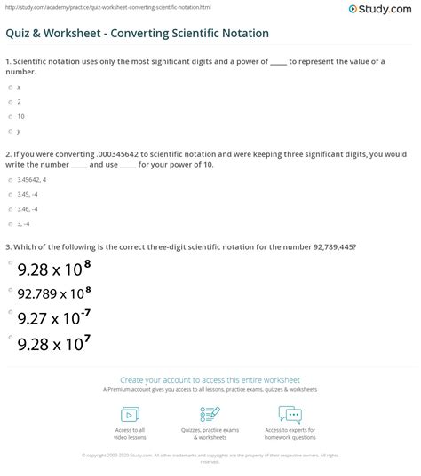 Quiz & Worksheet - Converting Scientific Notation | Study.com