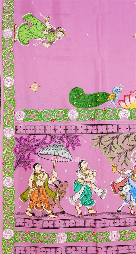 Pink Krishna Rasa Leela Theme Hand-Painted Pattachitra Saree – IndianVillèz