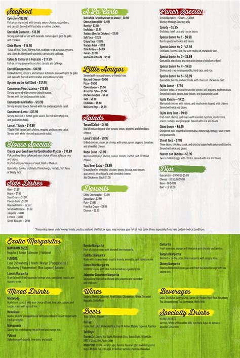 Menu at Las Lomas Mexican Grill restaurant, Vinton