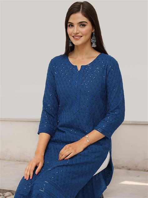 Rich Teal Blue Viscose Rayon Sequined Embroidered Kurta