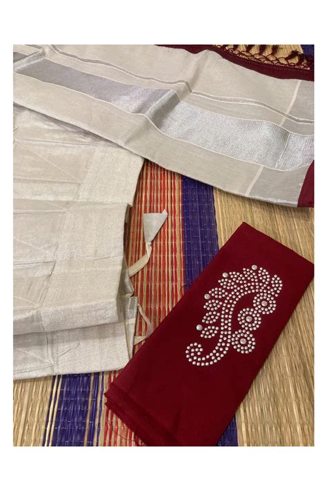 Semi Stitched Dhavani Set with Silver Tissue Pavada and Maroon Bead Wo ...