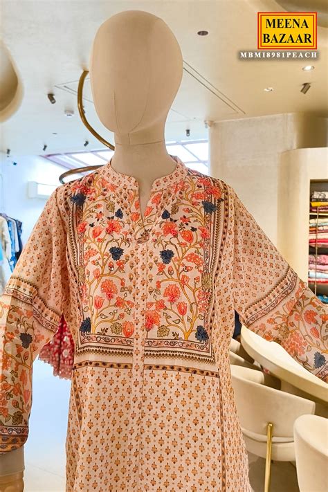 Peach Floral Embroidered Kurta Set with Printed Pants – Meena Bazaar