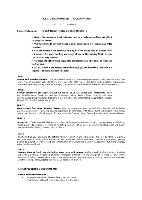 CSE101 Computer Programming - CSE101:COMPUTER PROGRAMMING L:2 T:0 P:2 ...