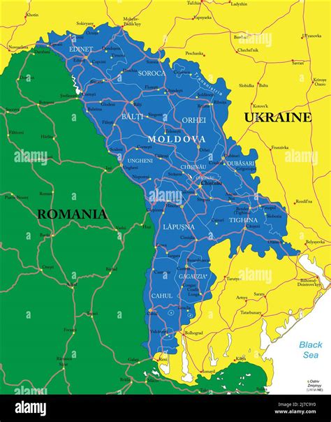 Highly detailed vector map of Moldova with administrative regions, main cities and roads Stock ...