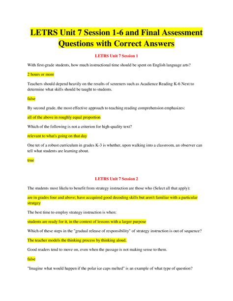 LETRS Unit 7 Session 1-6 and Final Assessment Questions with Correct ...