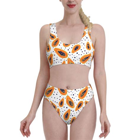High Waisted Bikini Sets For Women - Papaya Polka Dots 2 Piece Sporty ...