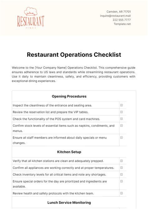 Image result for Restaurant Checklist