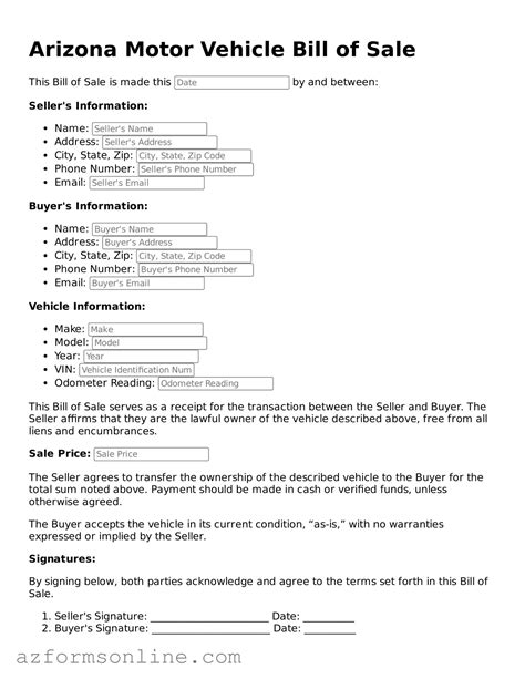 Printable Vehicle Bill Of Sale Arizona