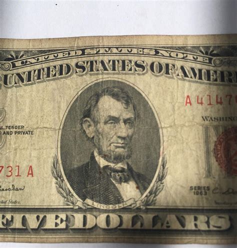 1963 Five Dollar Bill Red Seal LINCOLN 414 A VINTAGE Sing,GRANAHAN ...
