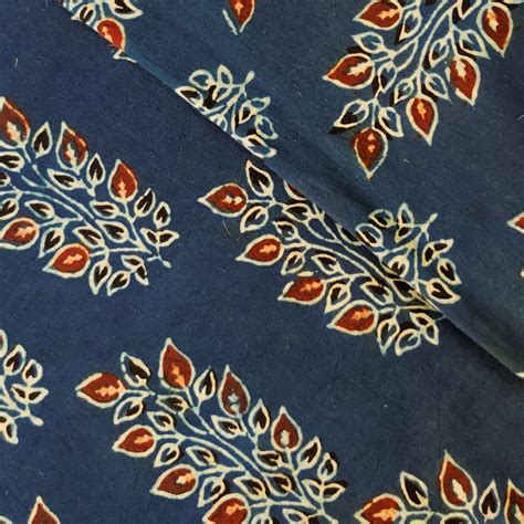 Pure Cotton Ajrak Blue With Rust Leafy Plant Hand Block Print – Sanskruti