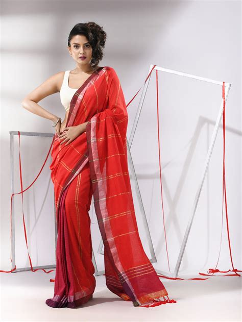 Red Cotton Patli Pallu Saree With Stripes Zari Designs And Dual Border ...