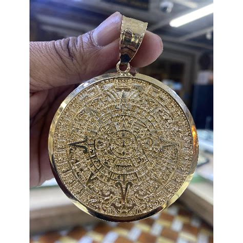 14K Yellow Gold Aztec Calendar Pendant - Sun Medal Necklace Charm ...