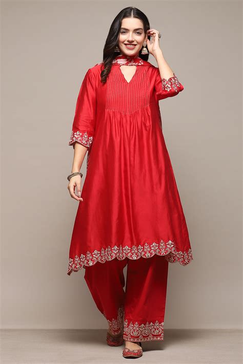 Buy Red Chanderi Straight Kurta Suit Set Online at Biba India