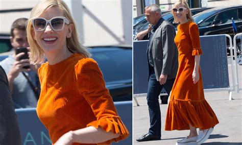 Cate blanchett opts for a quirky burnt orange corduroy dress in cannes ...
