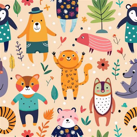 Seamless pattern with cute cartoon animals and flowers | Premium AI ...