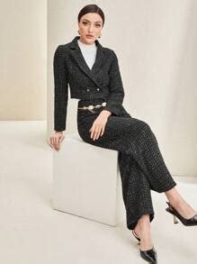 Modelyn Plaid Pattern Double Breasted Tweed Jacket & Wide Leg Pants ...